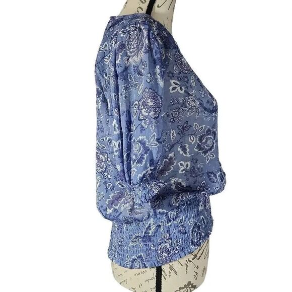 Rachel Rachel Roy Size Small Blue Floral Sheer Smocked Button Peasant Blouse - Picture 3 of 6